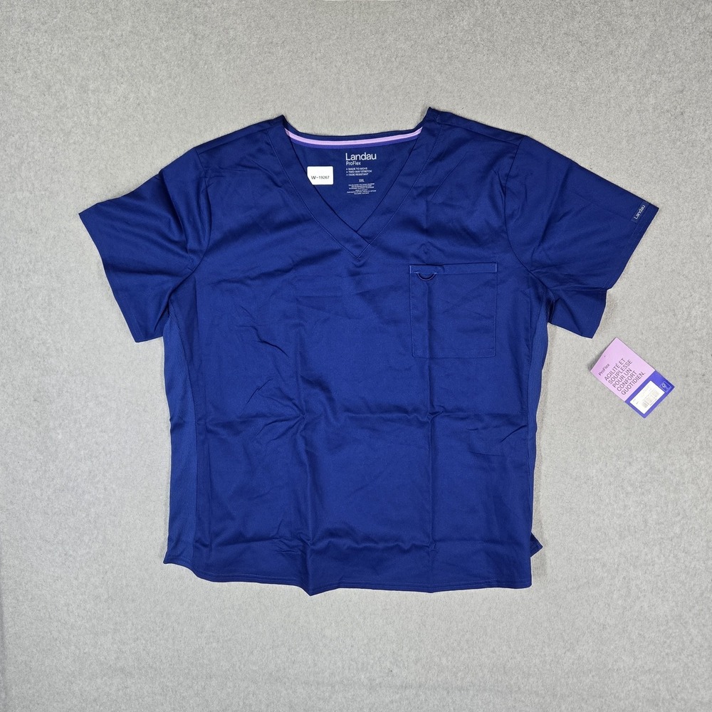 Landau Women Scrub Top XXL Blue Proflex Button PO#00445702 Logo Short Sleeve NWT